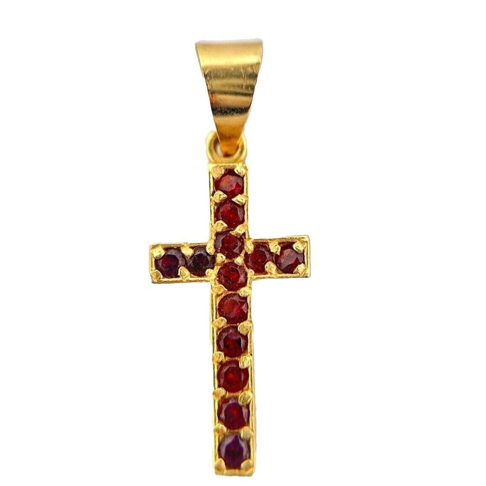 18K Gold Garnet January Birthstone Cross Religious Charm Pendant